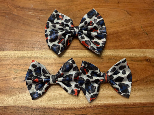 Holographic red silver and blue leopard print